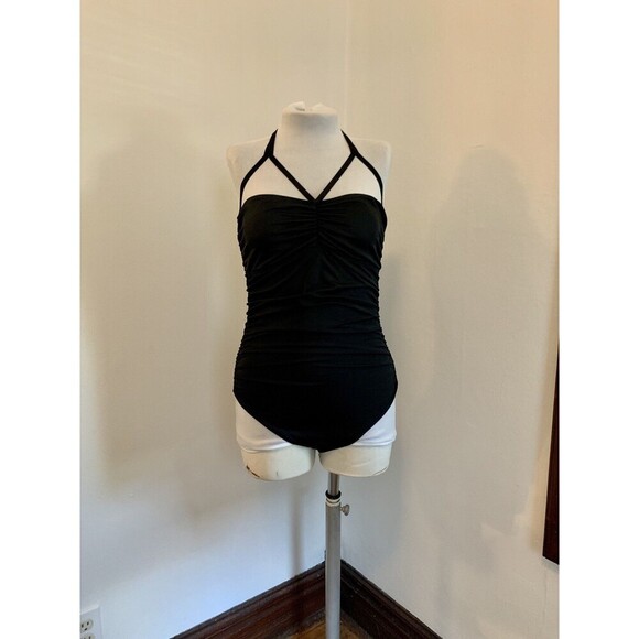 Kamali Kulture Shirred Waist Mio  One Piece Swim Ruched Black Large Halter Cut - Picture 4 of 13